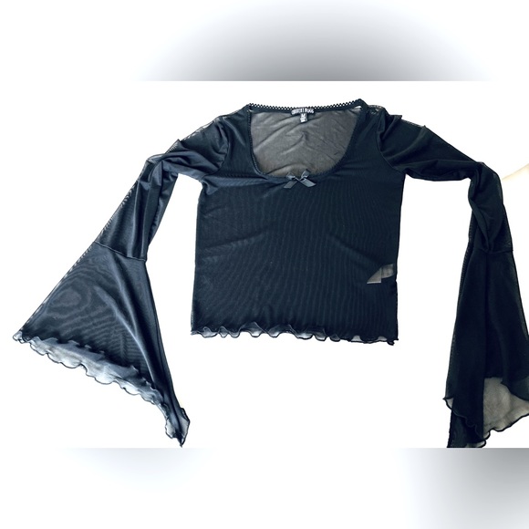 Current Mood Black sheer long sleeve top extra long bell sleeves Gothic Emo US M - Picture 6 of 15